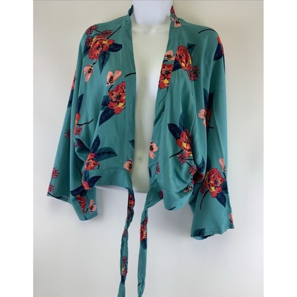Express Floral Outfit Maxi Skirt Kimono Wrap Top Teal Rayon Womens Large New Tag - Picture 14 of 16